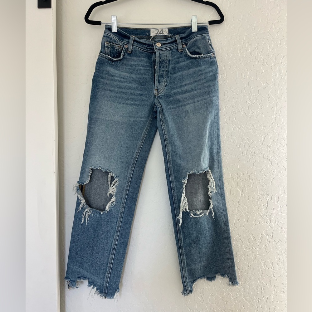 We The Free Relaxed Distressed Jeans 24 Blue Denim Ripped Straight Mid Rise Pant